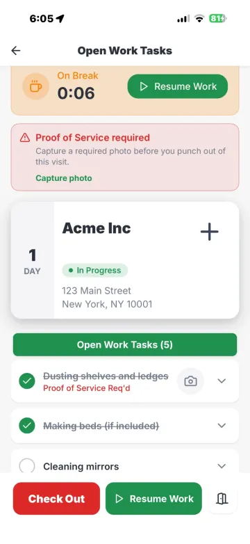 ProTeams field app showing a cleaner on break